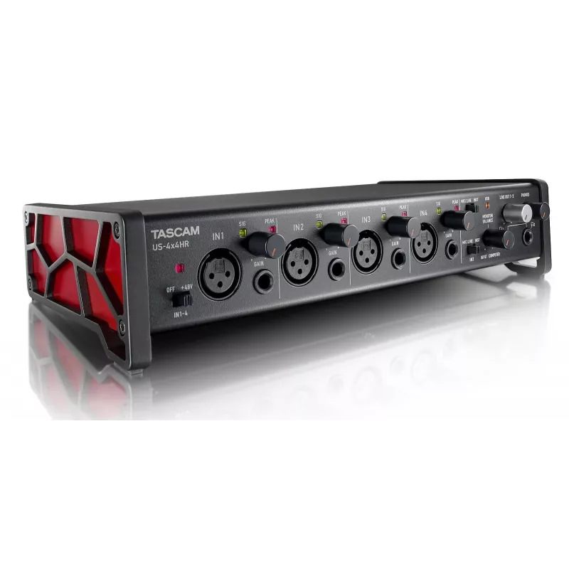 Audio-Interface Tascam US-4X4HR – 4x XLR-Combo, 4 analoge Ausgänge, 56 dB Mikrofonvorverstärker, 192 kHz, USB 2.0, Desktop, Schwarz