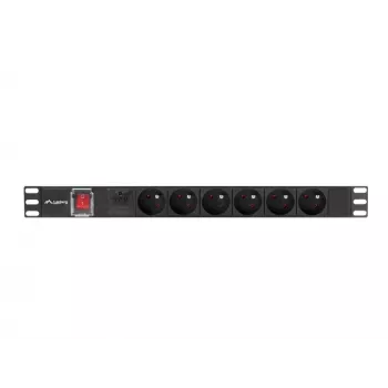 Stromverteilereinheit LANBERG PDU-06E-0200-BK — 6x Typ-E-Ausgänge, 16 A, 2 m Kabel, 1HE Rack, 220–250 V