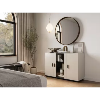 Kommode Cama Meble SOHO 120×41×80 cm — kaschmirfarbene Fronten, schwarzer Rahmen