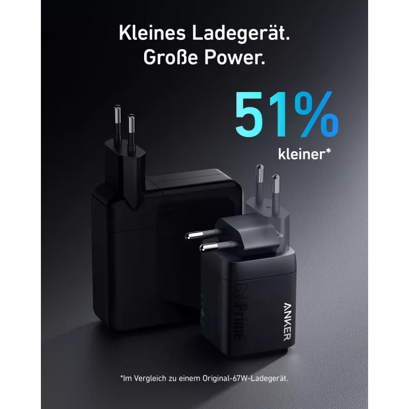 Indoor USB-Schnellladegerät Anker Prime A2669313 – 67 W, 1×USB-A, 2×USB-C, Schwarz