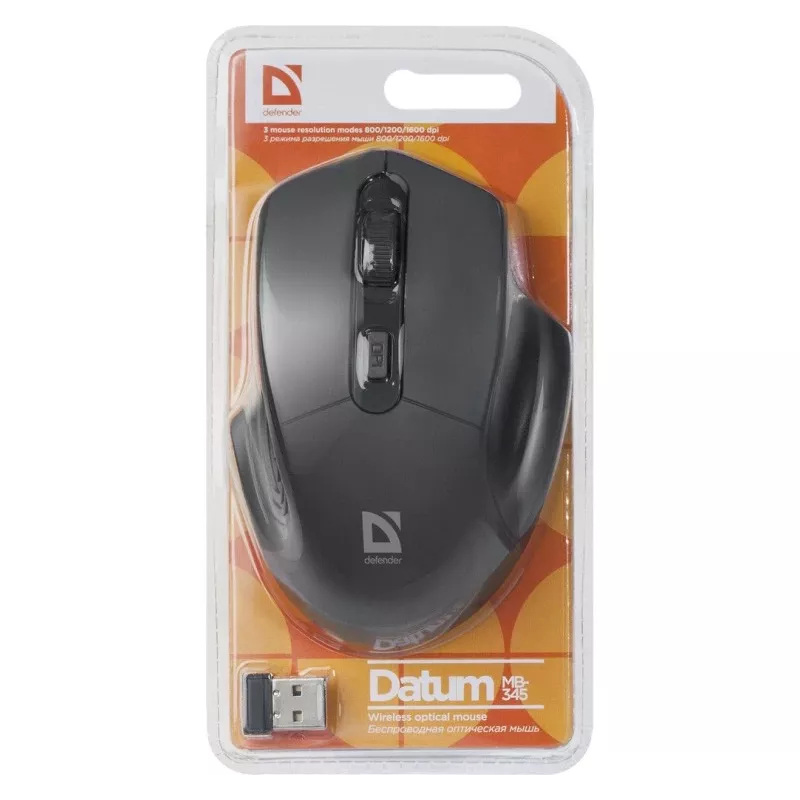 Kabellose optische Maus DEFENDER Datum MB-345 RF, beidhändig/rechtshändig, 1600 DPI, 3 Tasten, USB RF-Empfänger, schwarz