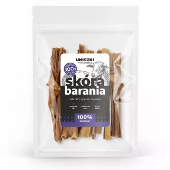 Hundeleckerli UNISZKI Schafshaut 100 g — hypoallergener Lamm-Kauartikel, 100 g Beutel, Protein 50,79 %, Fett 36,37 %