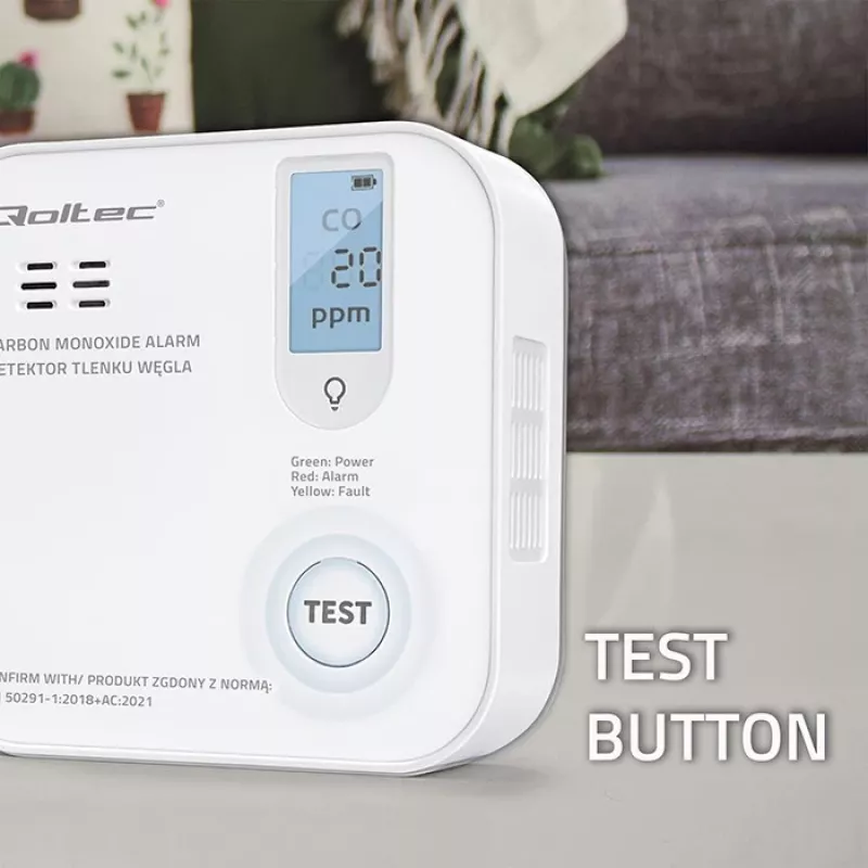 Kohlenmonoxid-Sensor QOLTEC 52577 — batteriebetriebener Alarm, 85 dB Schallpegel