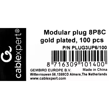 RJ45-Stecker GEMBIRD PLUG3UP6/100, Cat5, gerader Stecker, transparent, vergoldete Kontakte, 100er-Pack