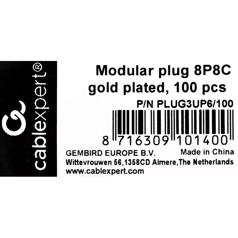 RJ45-Stecker GEMBIRD PLUG3UP6/100, Cat5, gerader Stecker, transparent, vergoldete Kontakte, 100er-Pack