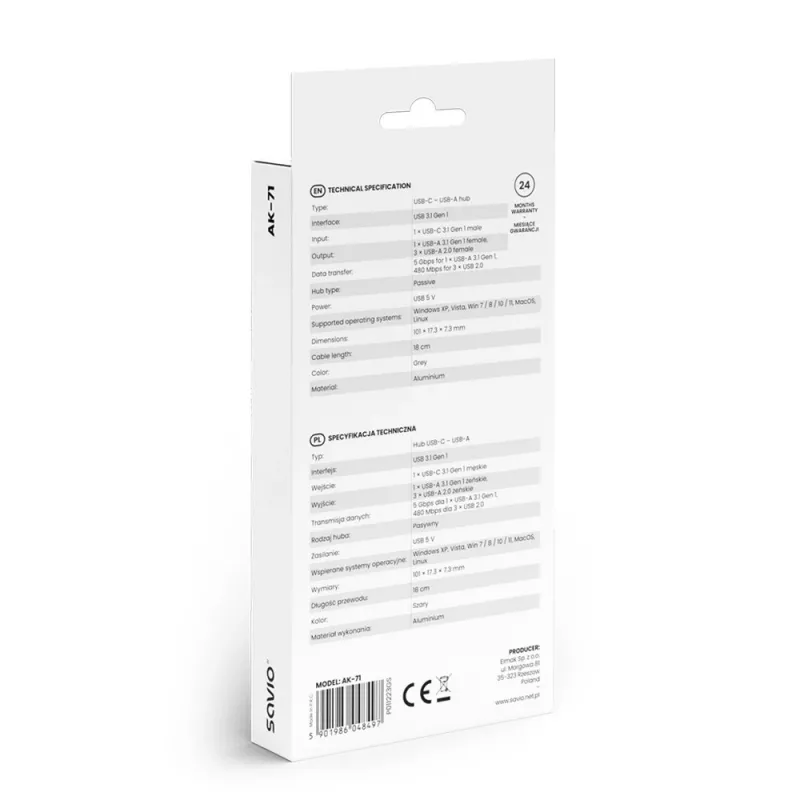 USB 3.0 4-Port Schnittstellen-Hub SAVIO AK-71 mit USB-C Host, 5000 Mbit/s, 2 Jahre Garantie