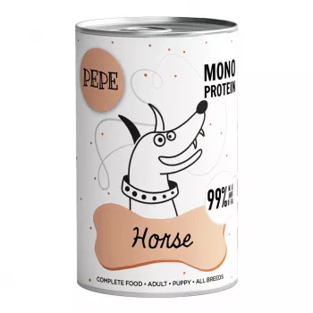 Nassfutter für Hunde PAKA ZWIERZAKA Pepe Horse — 400 g Dose, ausgewachsene Hunde, Monoprotein, 10,9 % Protein, 4 % Fett