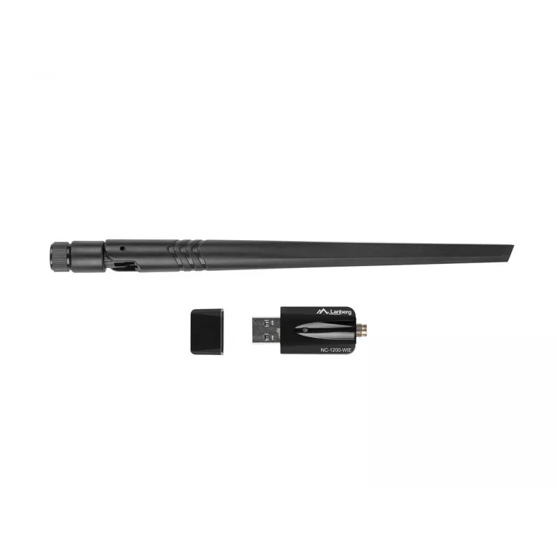 Interne WLAN-Karte LANBERG NC-1200-WIE — Dualband-USB-WLAN-Adapter, RTL8812BU, bis zu 1200 Mbit/s, externe 2x2 Antennen (5 dBi), schwarz