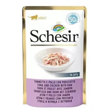 SCHESIR in Gelee Thunfisch und Huhn mit Schinken - Nassfutter für Katzen - 50 g