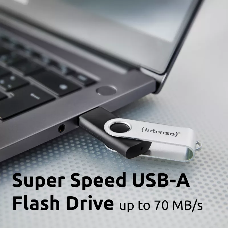Intenso USB-Stick Office Line, 64 GB, USB-A, 3.2 Gen 1x1, Schwarz-Silber, 64 GB, USB Typ-A, 3.2 Gen 1 (3.1 Gen 1), Drehring, Schwarz, Silber