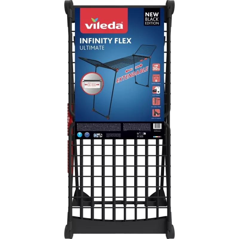 Wäscheständer VILEDA Infinity Flex Ultimate Teleskop — schwarz, beschichtetes Aluminium, 30 m Trockenfläche, faltbar, Rollen