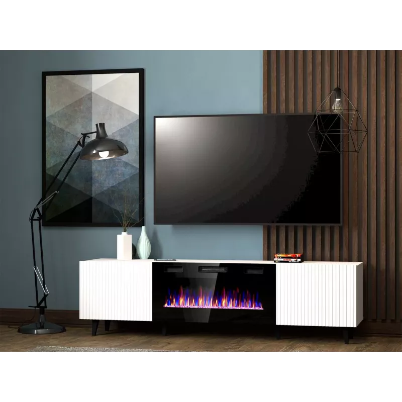 TV-Schrank Cama Meble PAFOS EF mit elektrischem Kamin 180×42×49 cm, weiß matt