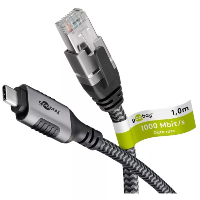 Wentronic goobay - Netzwerkkabel - 24 Pin USB-C (M) auf RJ-45 (M) - 1,0 m - 6 mm - FTP - CAT 6 - USB 3.1 - geflochtenes Kabel - Schwarz, Silber (70696)