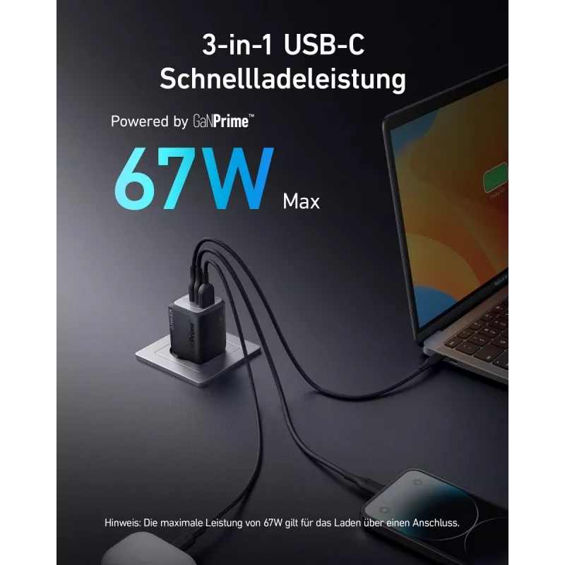 Indoor USB-Schnellladegerät Anker Prime A2669313 – 67 W, 1×USB-A, 2×USB-C, Schwarz