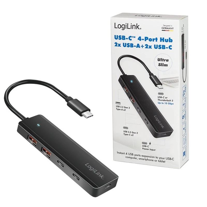 Hub USB-C, 4 Ports 2x USB-A, 2x USB-C, Schwarz