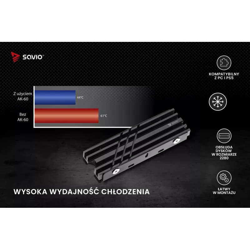 Luftkühler SAVIO M.2 NVMe 2280 AK-60 Schwarz Kühlkörper für 22x80 mm SSD