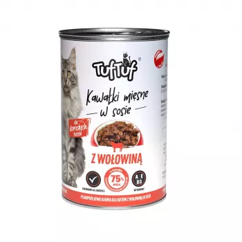 Nassfutter für Katzen TufTuf Fleischstücke in Sauce mit Rind 415 g — Alleinfuttermittel für ausgewachsene Katzen, 81,5 % Feuchtigkeit