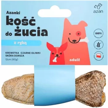 AZANKI Knochen mit Garnelen und schwarzen Oliven in Kabeljauhaut in Fischform – Hundesnack – 12 cm