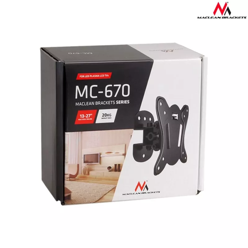 Wandhalterung MACLEAN MC-670 — verstellbar, bis zu 20 kg, VESA 100x100, für 13–27-Zoll-Monitore, schwarz