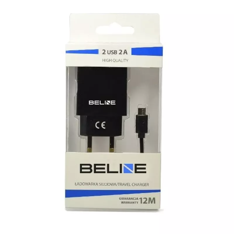 Reiseladegerät Beline Beli0011 — 2×USB-Anschlüsse, microUSB-Kabel, 2A Ausgang, schwarz