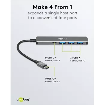 Goobay schlank 4-Port USB-Hub USB-C auf USB-A 5 Gbit/s - -Plug USB 3.2> (79158)