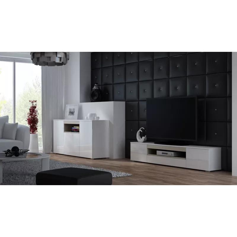 Sideboard Cama Meble VIVA 150 — weiß/weiß Hochglanz und Sonoma Eiche, 3 Türen, 5 Einlegeböden, 1500×450×800 mm
