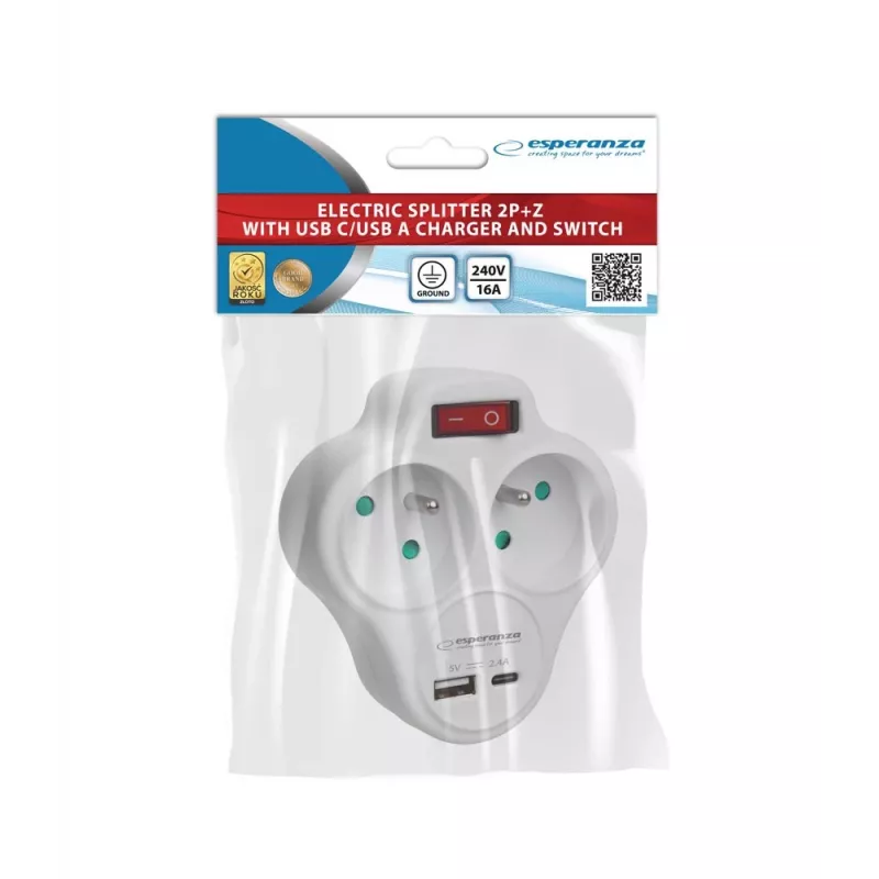 Esperanza ELK311W Elektrischer Splitter 2 GN. USB-C USB-A EIN. Weiß