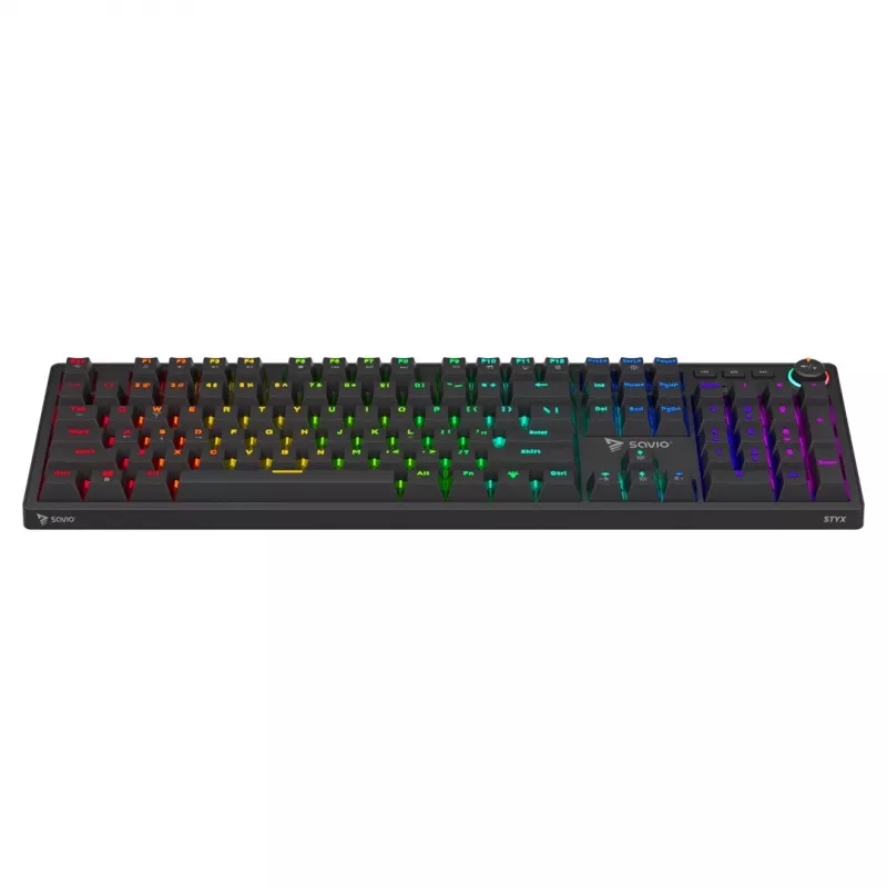 Gaming-Tastatur SAVIO STYX BROWN – mechanische Outemu Brown, QZERTY US International, RGB, USB, Full-Size 104 Tasten, schwarz