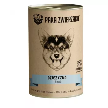 Nassfutter für Hunde PAKA ZWIERZAKA Wild und Lachs 400 g — Dose für ausgewachsene Hunde, Wild & Lachs, Protein 10,4 %, Fett 6,9 %, Feuchtigkeit 76 %
