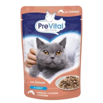 PREVITAL Nassfutter für Katzen Lachs in Soße 100 g Beutel — ausgewachsen, 9 % Protein, 5 % Fett, 82 % Feuchtigkeit