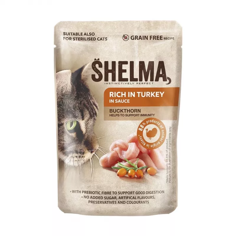 Nassfutter für Katzen SHELMA Multipack 4×85 g – Alleinfuttermittel für ausgewachsene Katzen, Huhn, Pute, Rind, Ente, getreidefrei