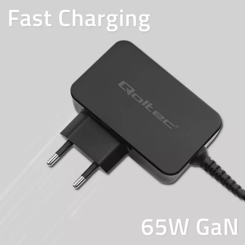 Qoltec 52386 GaN POWER PRO Ladegerät | 1xUSB-C | 65W | 5-20V | 3-3,25A | Schwarz
