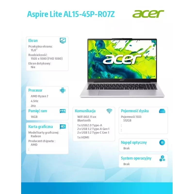 Laptop Acer Aspire Lite Ryzen 7 5825U, 39,6 cm (15,6 Zoll) FHD-Display, 16 GB RAM, 512 GB SSD
