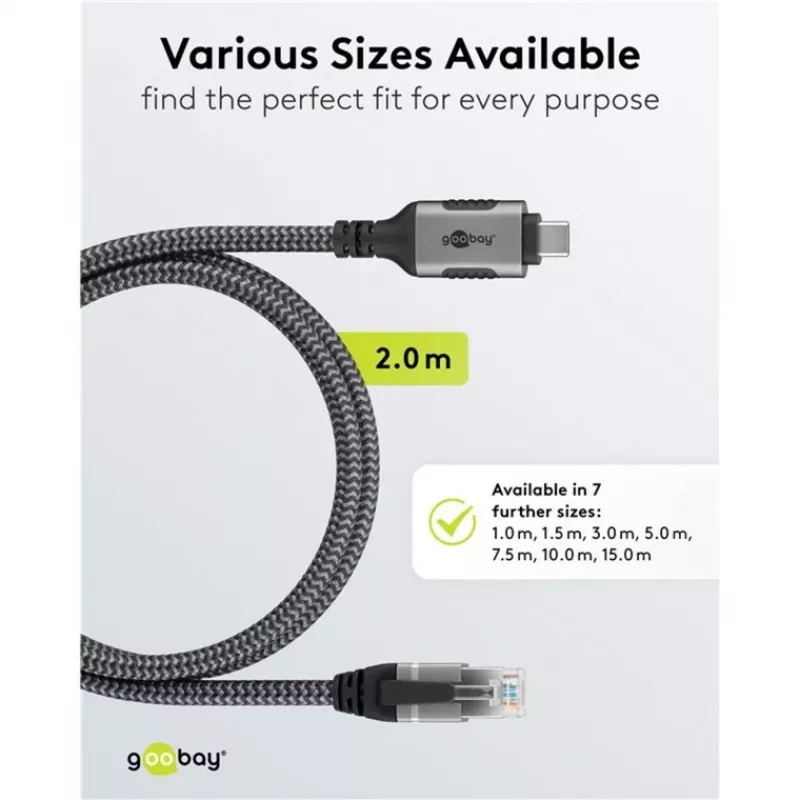Ethernet-Kabel USB-C 3.2 Gen2 Stecker > RJ-45 Stecker, LAN-Adapter schwarz/Silber, 2 Meter, geflochtener Textilmantel