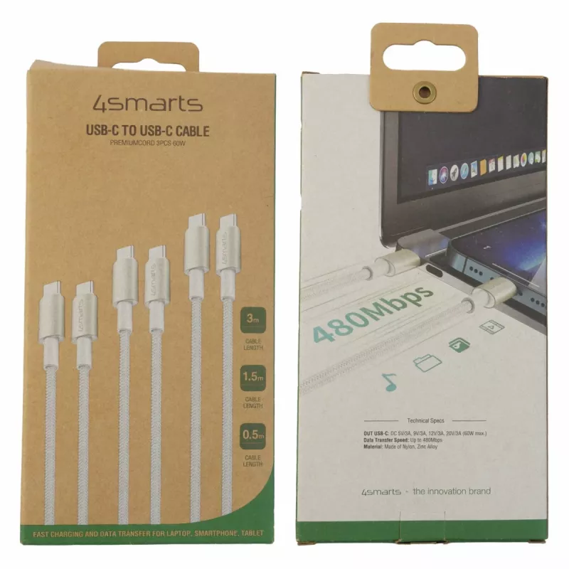 4smarts USB-C auf Kabel PremiumCord 60W 3er Set 0,5m+1,5m+3m Weiß - Silber, Weiß - 3er (540621)