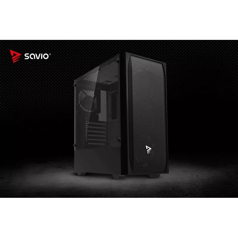 PC-Gehäuse SAVIO Noctis Flow — Cube Mini‑ITX/Micro‑ATX/ATX, 3x120mm vorne, 1x120mm hinten, 2x3,5 Zoll + 3x2,5 Zoll Einschübe, gehärtetes Glas