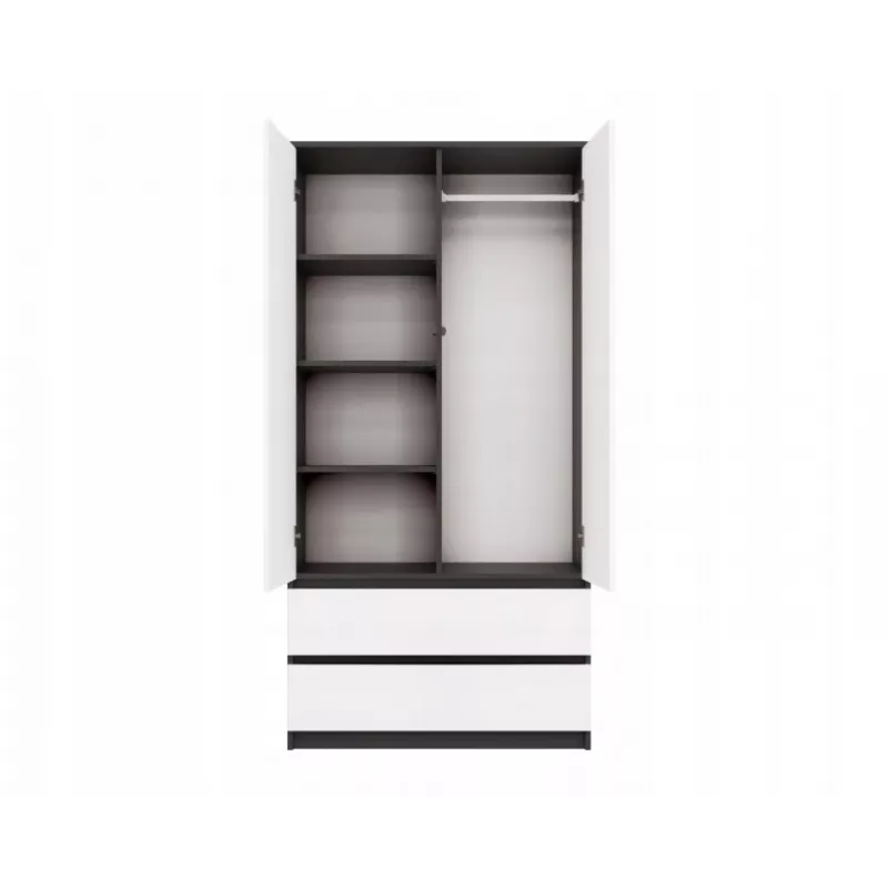 Kleiderschrank top e shop MALWA SS-90, 90×180×50 cm, anthrazitfarbener Rahmen, weiße Drehtüren, 2 Schubladen, Laminat 16 mm