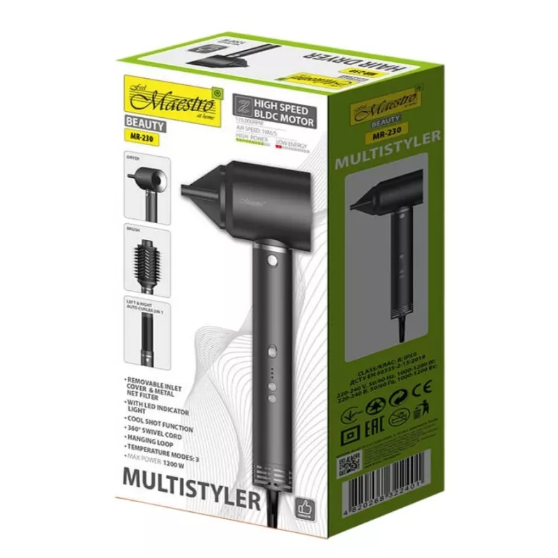 Multistyler 3in1 Haarpflegeset Maestro MR-230 — Haartrockner, Trockenbürste und automatischer Lockenstab, 1200 W, BLDC-Motor, 3,5 cm Locken, 2 Hitzestufen, schwarz