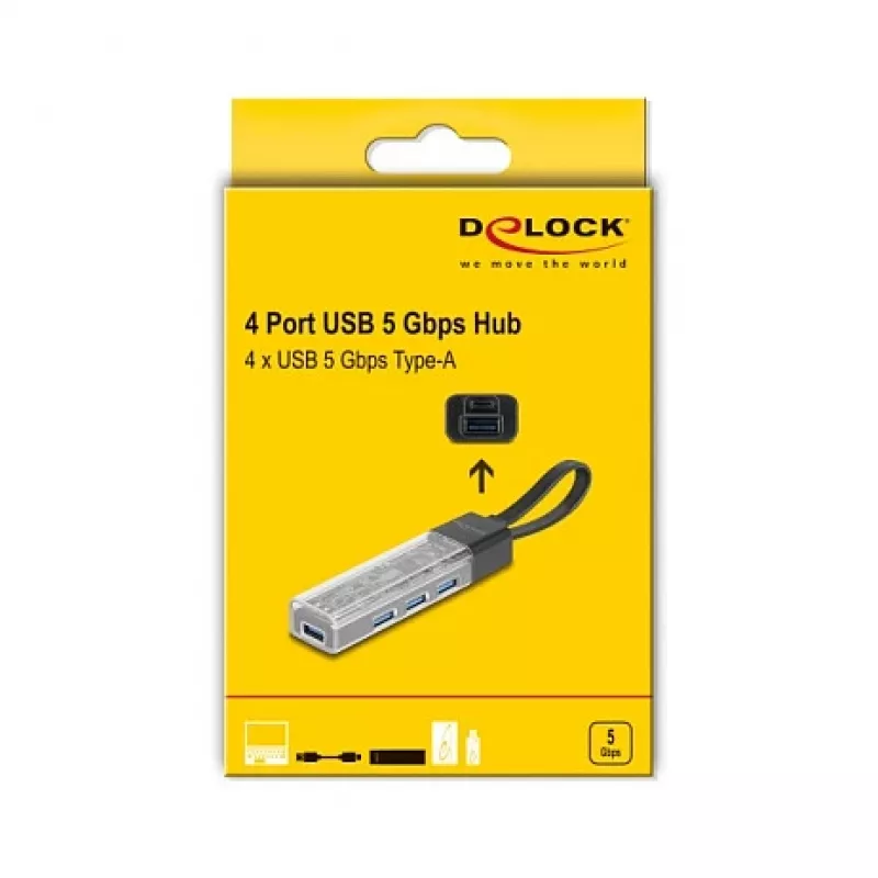 DELOCK USB 3.2 Gen 1 (3.1 Gen 1) 4-Port Hub mit Typ-A + Typ-C Host (5000 Mbit/s) Schwarz/Transparent
