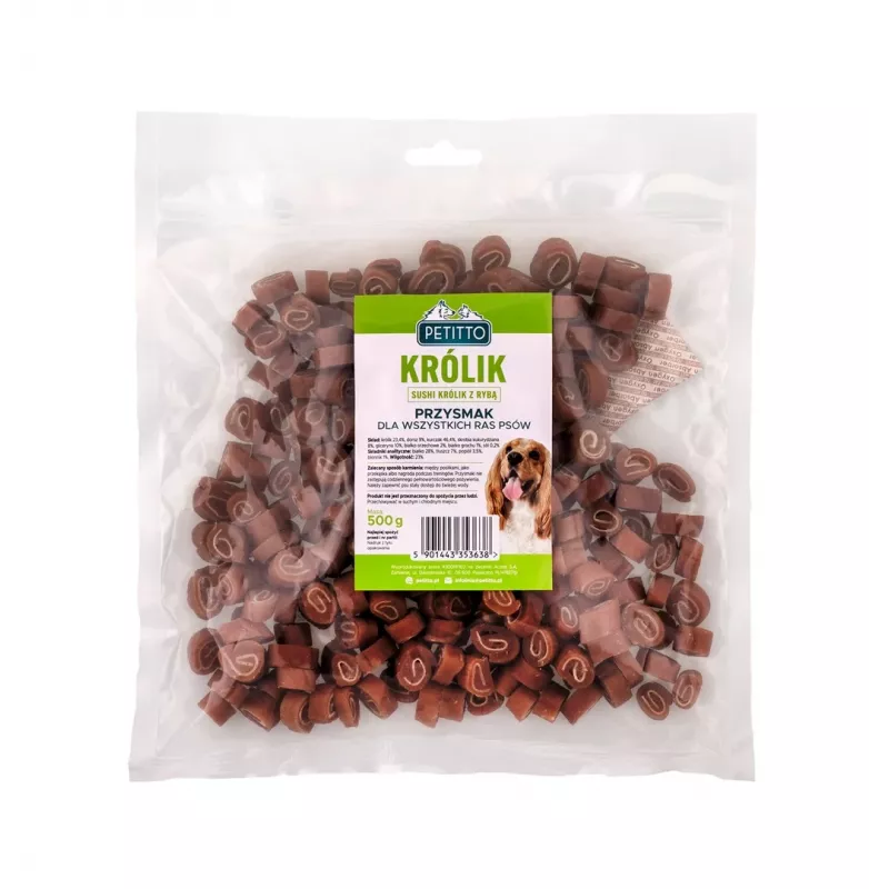 Hundetrainingsleckerlis PETITTO Sushi Kaninchen mit Fisch 500 g, Protein 28%, Fett 7%, Feuchtigkeit 23%