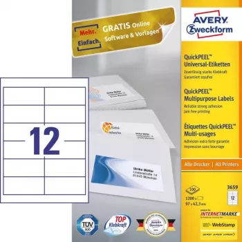 Avery 3659 Selbstklebeetiketten Rechteckig Permanent Weiß 1200 Stück
