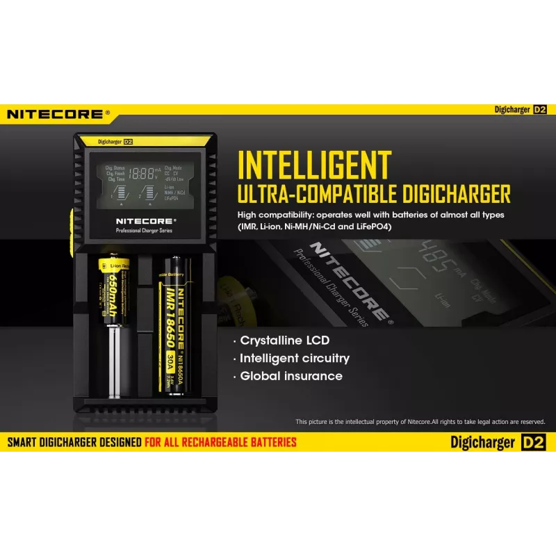 Batterieladegerät Nitecore D2 — 2‑Schacht-Ladegerät für AA/AAA/AAAA/C-Akkus, 100–240V Eingangsspannung, 4,2V Ausgangsspannung, schwarz