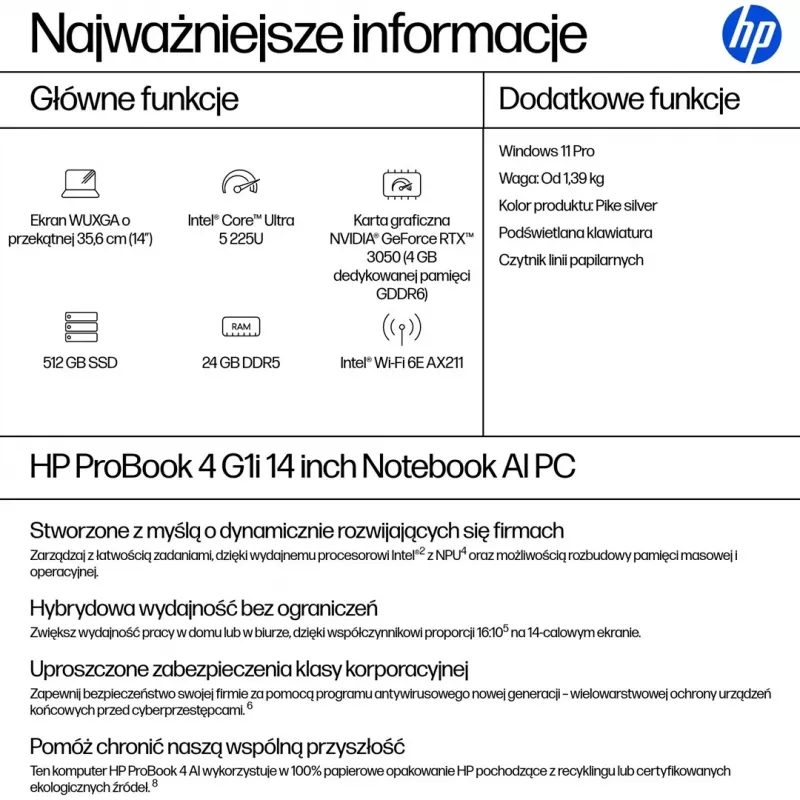HP ProBook 4 G1i Ultra 5 225U 14.0WUXGA IPS 300nits AG 24GB DDR5 5600 SSD512 Arc Cam1080p 56Wh W11Pro Pike silber Aluminium 3Y OnSite