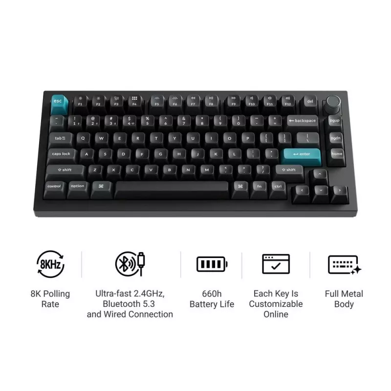 Mechanische Tastatur Keychron Q1 Ultra 8K — 75% Form, USB + RF Wireless + Bluetooth, RGB LED, Schwarz