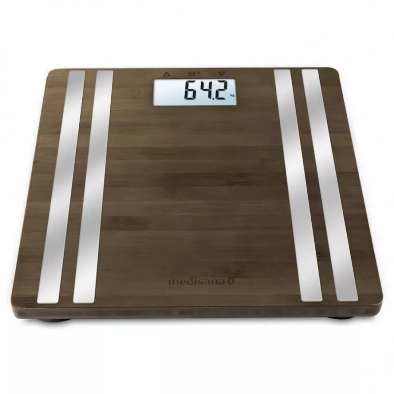 Elektronische Personenwaage Medisana BS 552 — silberfarben mit Bambus-Oberfläche, max. 180 kg, 100-g-Genauigkeit, Bluetooth, BMI, Körperzusammensetzung