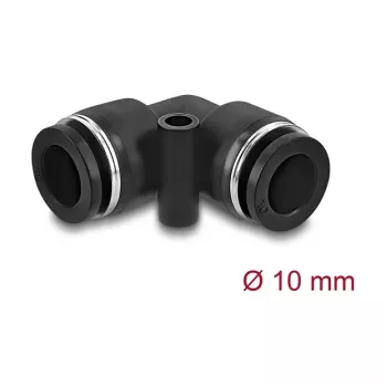 Pneumatik-Steckverbinder DELOCK 10 mm, 90° abgewinkelt mit Befestigungsbohrung, Innengewinde, Metall/Kunststoff, Länge 36,5 mm