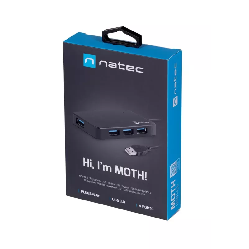 USB-Hub NATEC Moth 4-Port USB 3.2 Gen 1 Typ-A (5000 Mbit/s), USB-gespeist, schwarz, 0,15 m Kabel