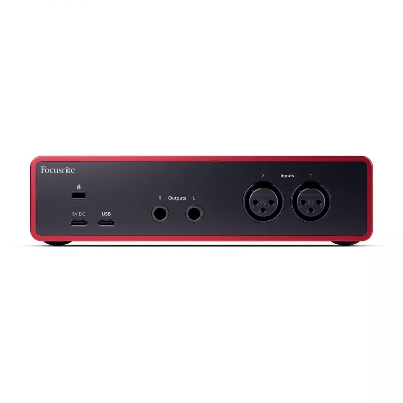 Audio-Interface Focusrite Scarlett 2i2 4th Gen — 2-In/2-Out USB-C, 24-Bit/192 kHz, 69 dB Vorverstärker, Desktop, Schwarz/Rot