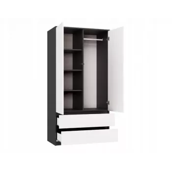 Kleiderschrank top e shop MALWA SS-90, 90×180×50 cm, anthrazitfarbener Rahmen, weiße Drehtüren, 2 Schubladen, Laminat 16 mm