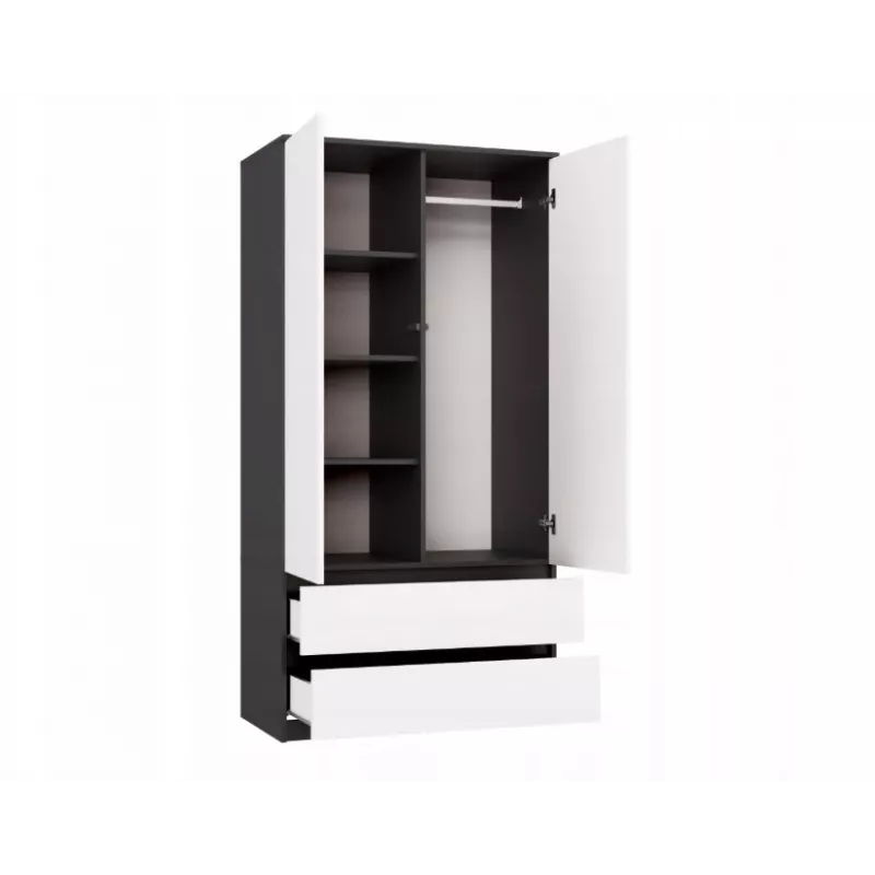 Kleiderschrank top e shop MALWA SS-90, 90×180×50 cm, anthrazitfarbener Rahmen, weiße Drehtüren, 2 Schubladen, Laminat 16 mm